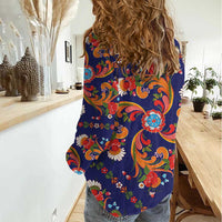 Norwegian Male Bunad Women Casual Shirt with Rosemaling Folk Art Navy Color - Wonder Print Shop