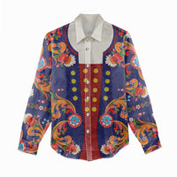 Norwegian Male Bunad Women Casual Shirt with Rosemaling Folk Art Navy Color - Wonder Print Shop