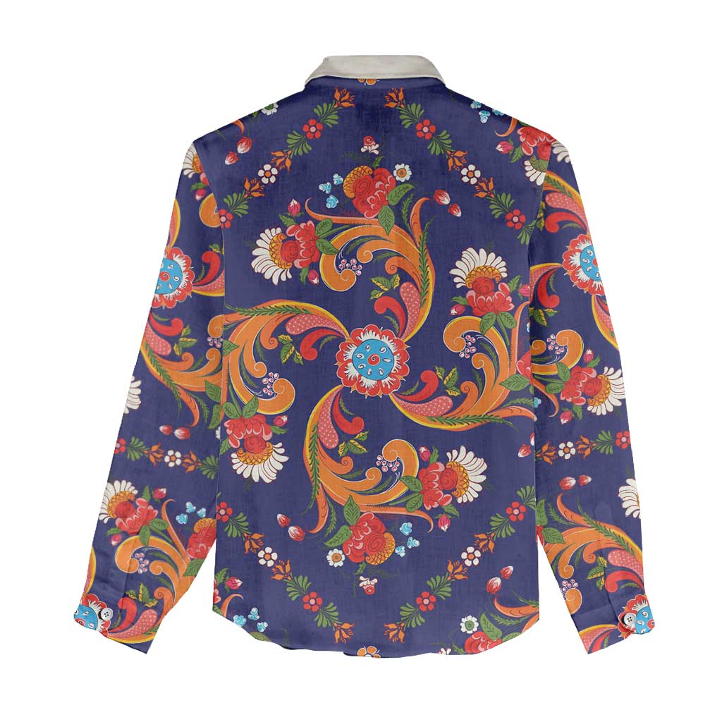 Norwegian Male Bunad Women Casual Shirt with Rosemaling Folk Art Navy Color - Wonder Print Shop