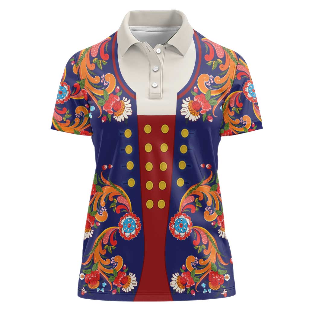 Norwegian Male Bunad Women Polo Shirt with Rosemaling Folk Art Navy Color - Wonder Print Shop