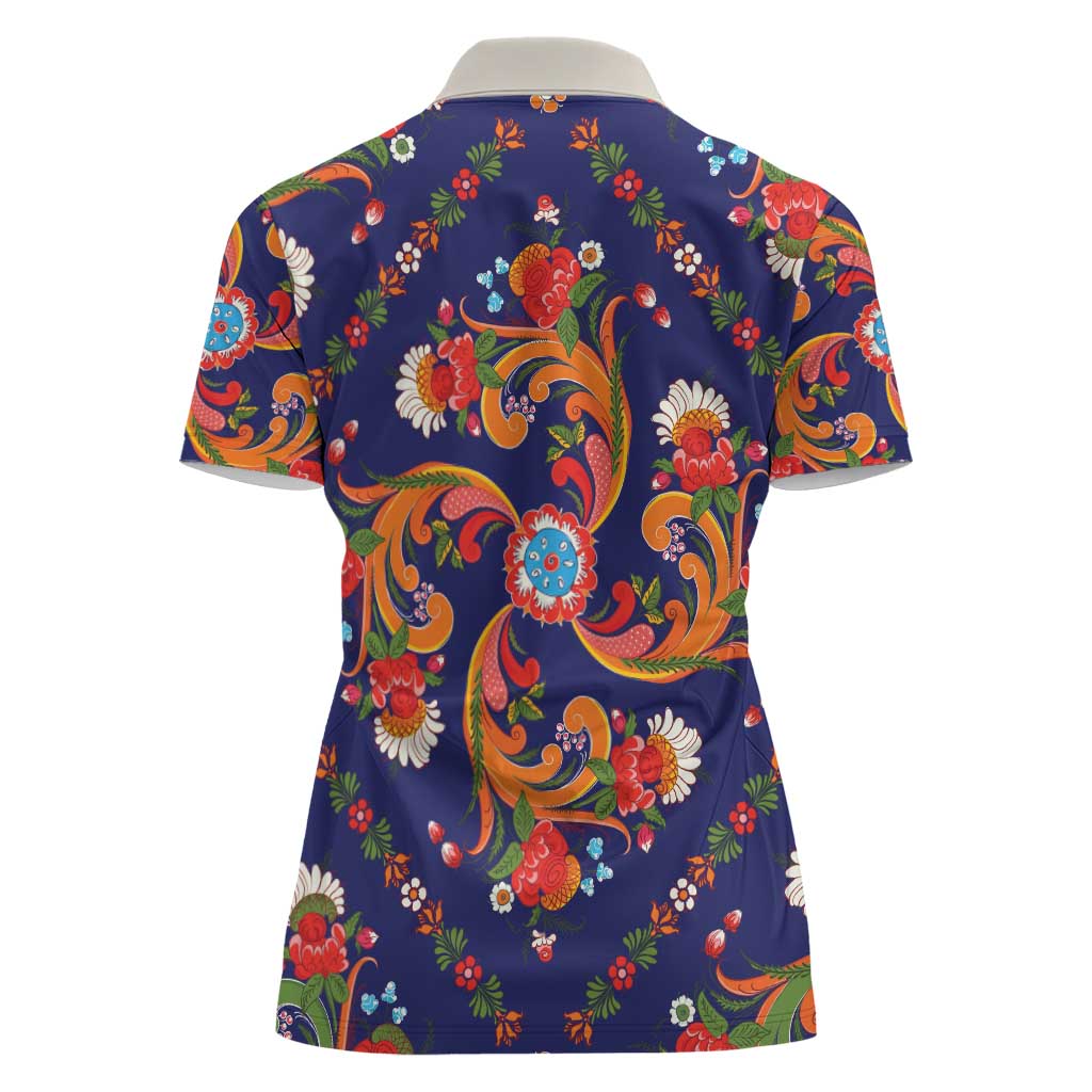 Norwegian Male Bunad Women Polo Shirt with Rosemaling Folk Art Navy Color - Wonder Print Shop