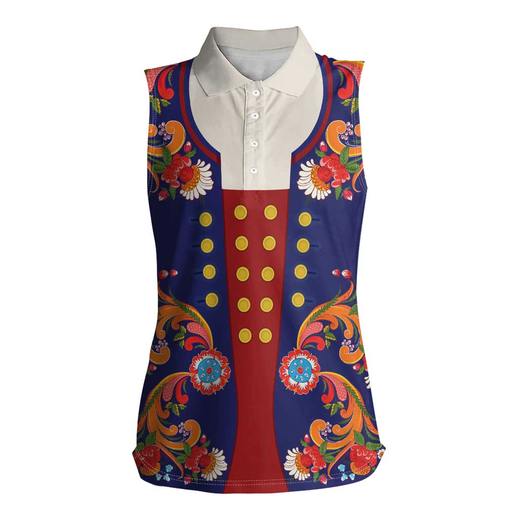 Norwegian Male Bunad Women Sleeveless Polo Shirt with Rosemaling Folk Art Navy Color - Wonder Print Shop