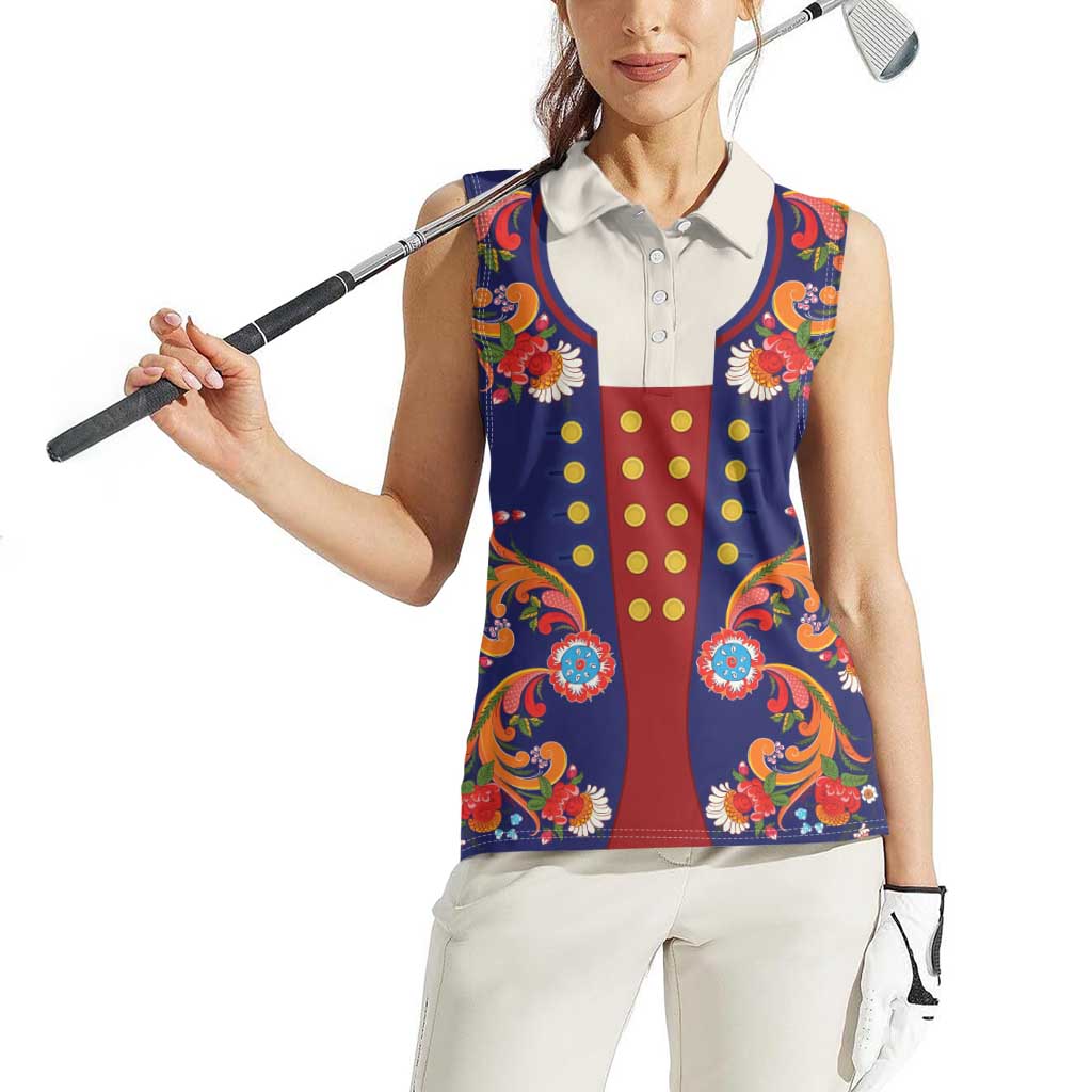 Norwegian Male Bunad Women Sleeveless Polo Shirt with Rosemaling Folk Art Navy Color - Wonder Print Shop