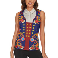 Norwegian Male Bunad Women Sleeveless Polo Shirt with Rosemaling Folk Art Navy Color - Wonder Print Shop
