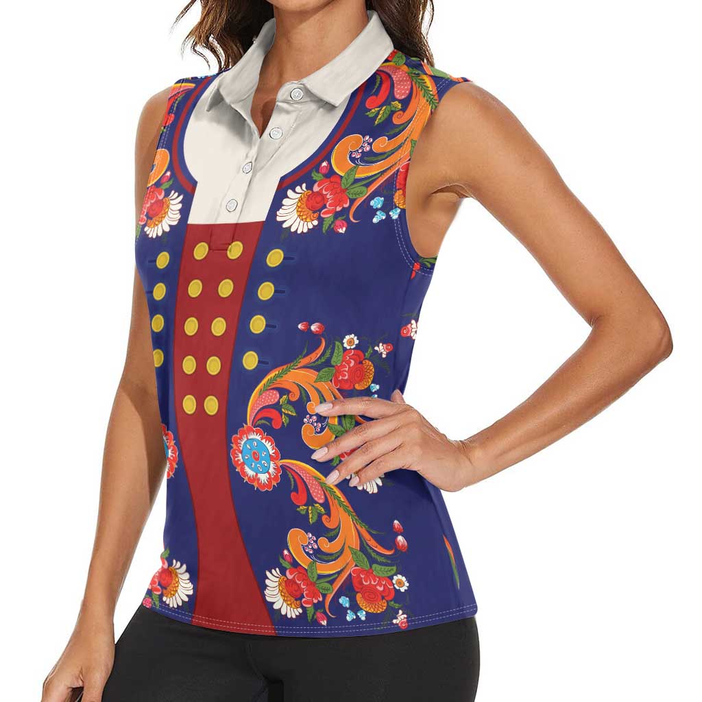 Norwegian Male Bunad Women Sleeveless Polo Shirt with Rosemaling Folk Art Navy Color - Wonder Print Shop