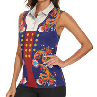 Norwegian Male Bunad Women Sleeveless Polo Shirt with Rosemaling Folk Art Navy Color - Wonder Print Shop