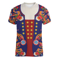 Norwegian Male Bunad Women V-Neck T-Shirt with Rosemaling Folk Art Navy Color - Wonder Print Shop