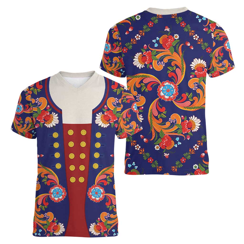 Norwegian Male Bunad Women V-Neck T-Shirt with Rosemaling Folk Art Navy Color - Wonder Print Shop