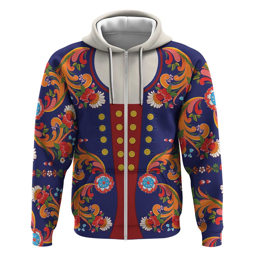 Norwegian Male Bunad Zip Hoodie with Rosemaling Folk Art Navy Color - Wonder Print Shop