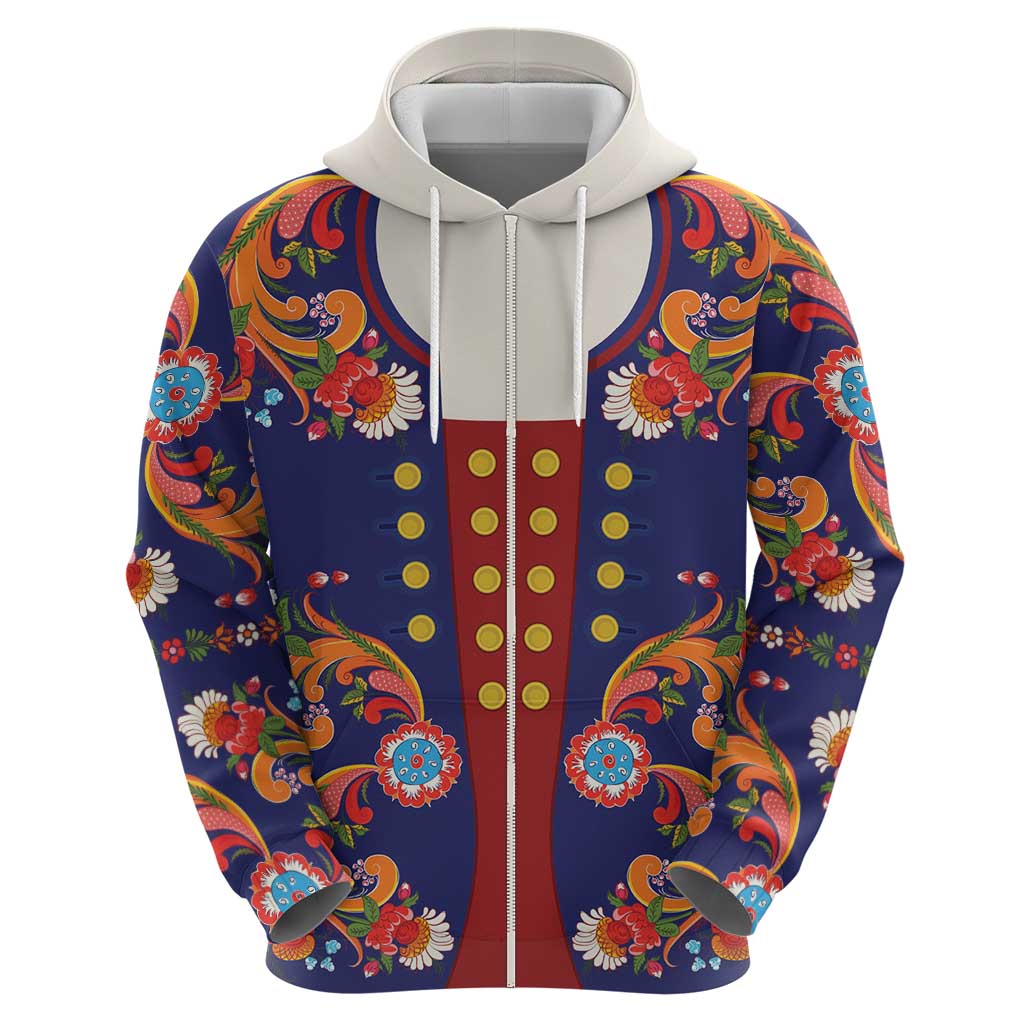 Norwegian Male Bunad Zip Hoodie with Rosemaling Folk Art Navy Color - Wonder Print Shop