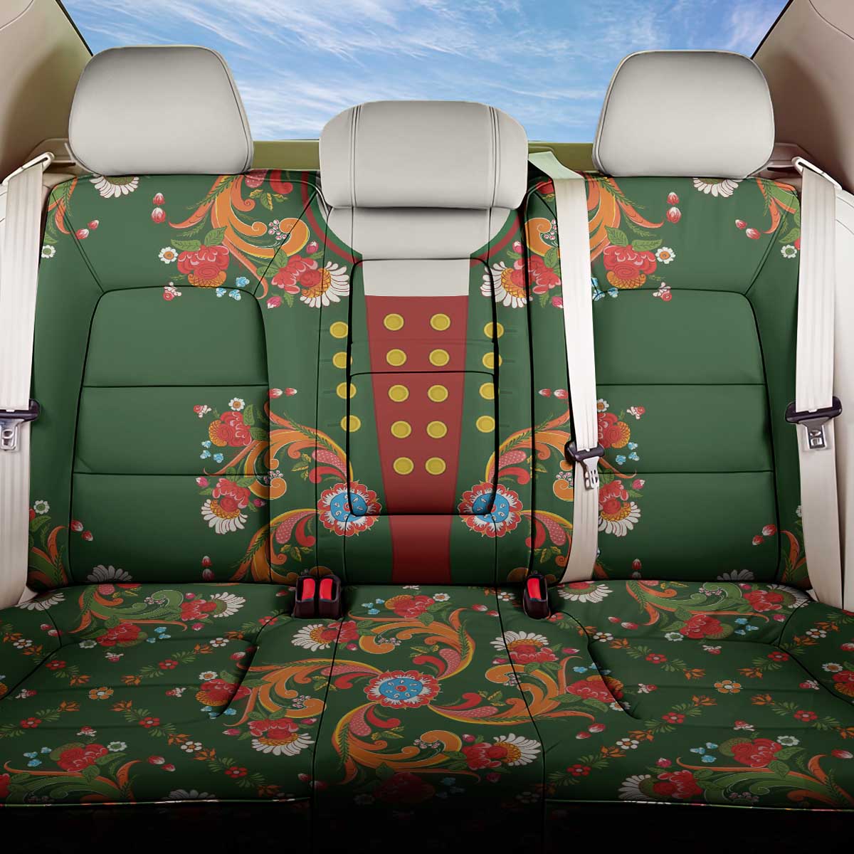 Norwegian Male Bunad Back Car Seat Cover with Rosemaling Folk Art Green Color - Wonder Print Shop