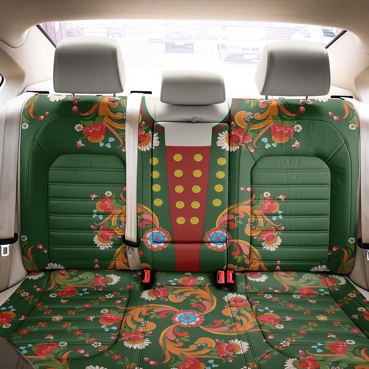 Norwegian Male Bunad Back Car Seat Cover with Rosemaling Folk Art Green Color - Wonder Print Shop