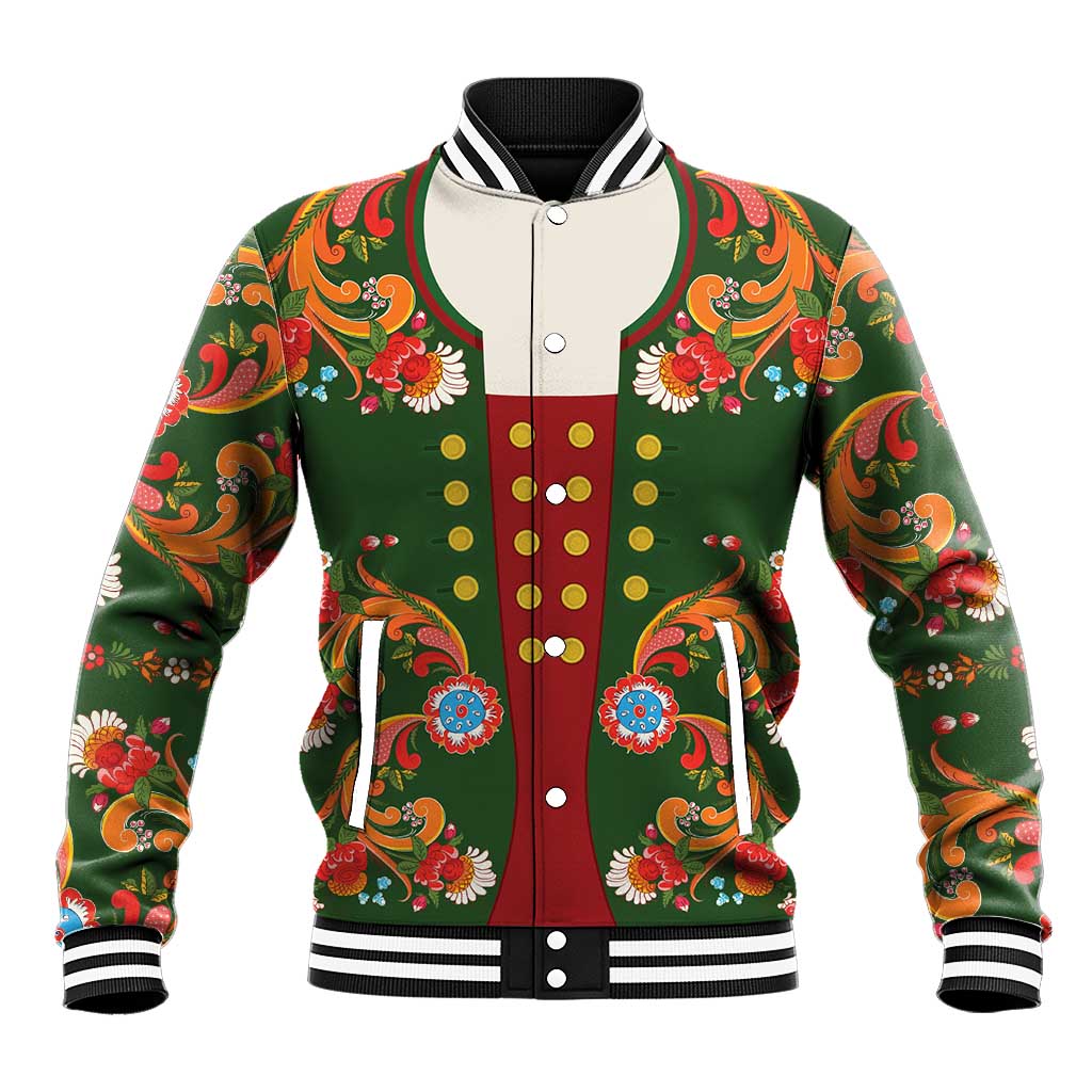 Norwegian Male Bunad Baseball Jacket with Rosemaling Folk Art Green Color - Wonder Print Shop