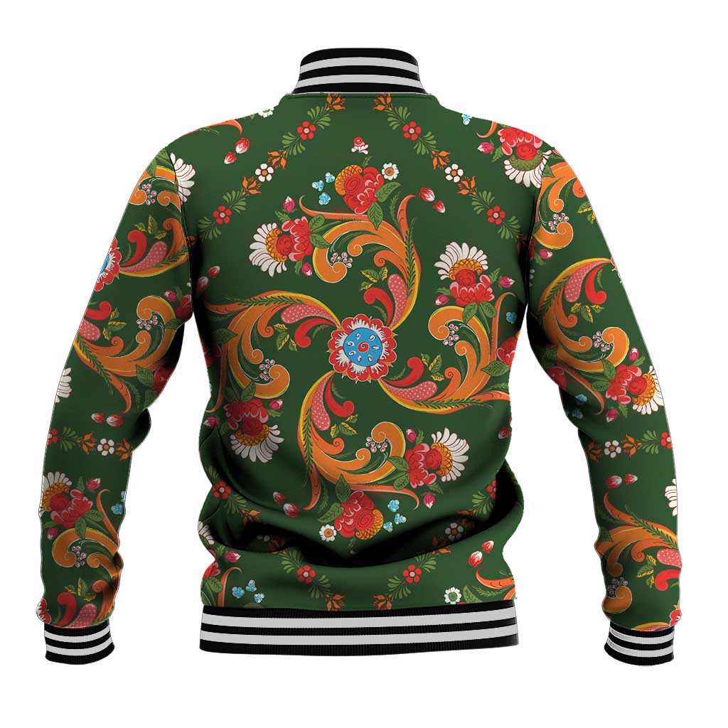 Norwegian Male Bunad Baseball Jacket with Rosemaling Folk Art Green Color - Wonder Print Shop