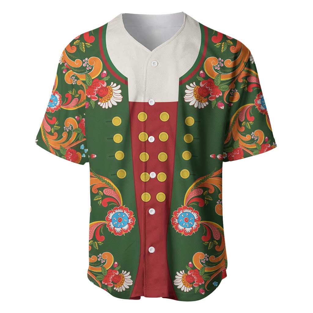 Norwegian Male Bunad Baseball Jersey with Rosemaling Folk Art Green Color - Wonder Print Shop
