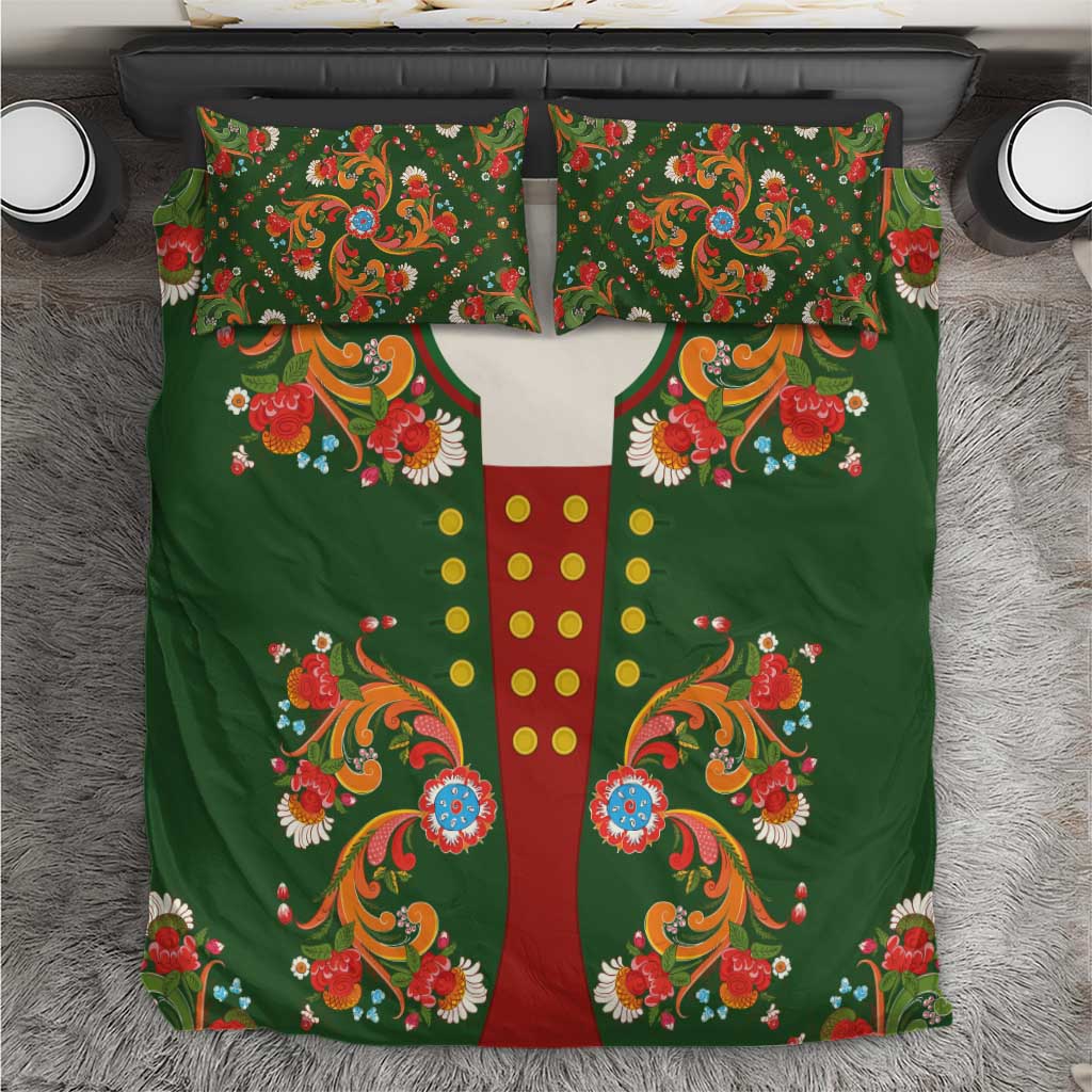 Norwegian Male Bunad Bedding Set with Rosemaling Folk Art Green Color - Wonder Print Shop