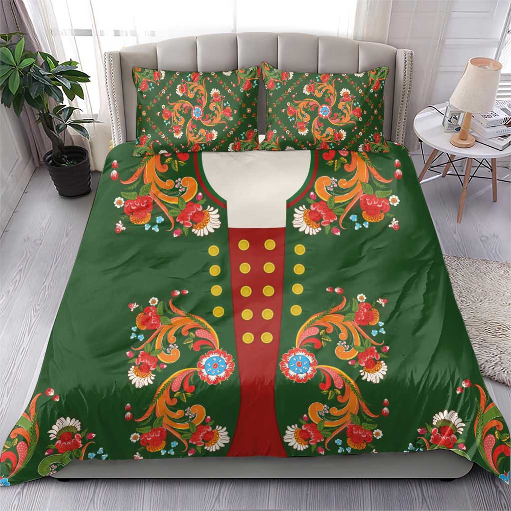 Norwegian Male Bunad Bedding Set with Rosemaling Folk Art Green Color - Wonder Print Shop