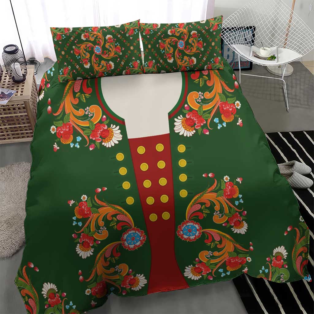 Norwegian Male Bunad Bedding Set with Rosemaling Folk Art Green Color - Wonder Print Shop