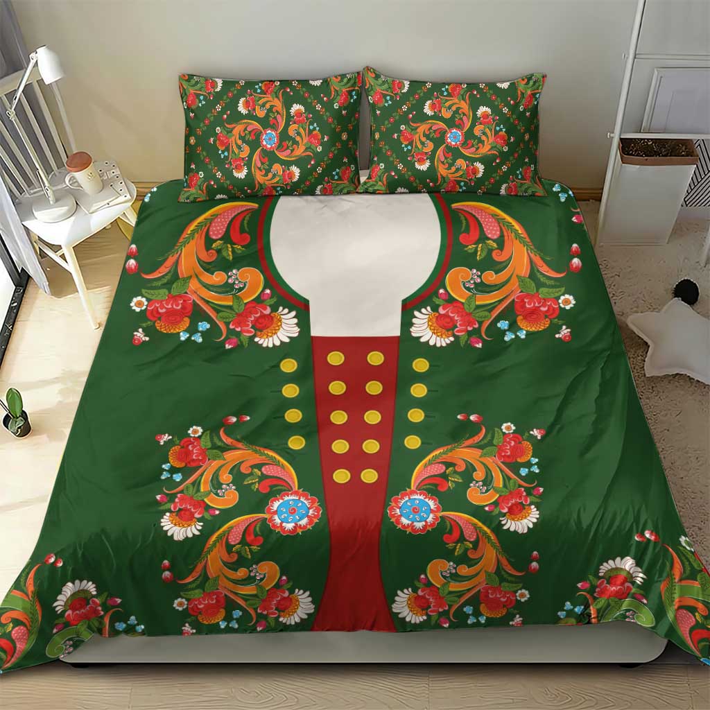 Norwegian Male Bunad Bedding Set with Rosemaling Folk Art Green Color - Wonder Print Shop