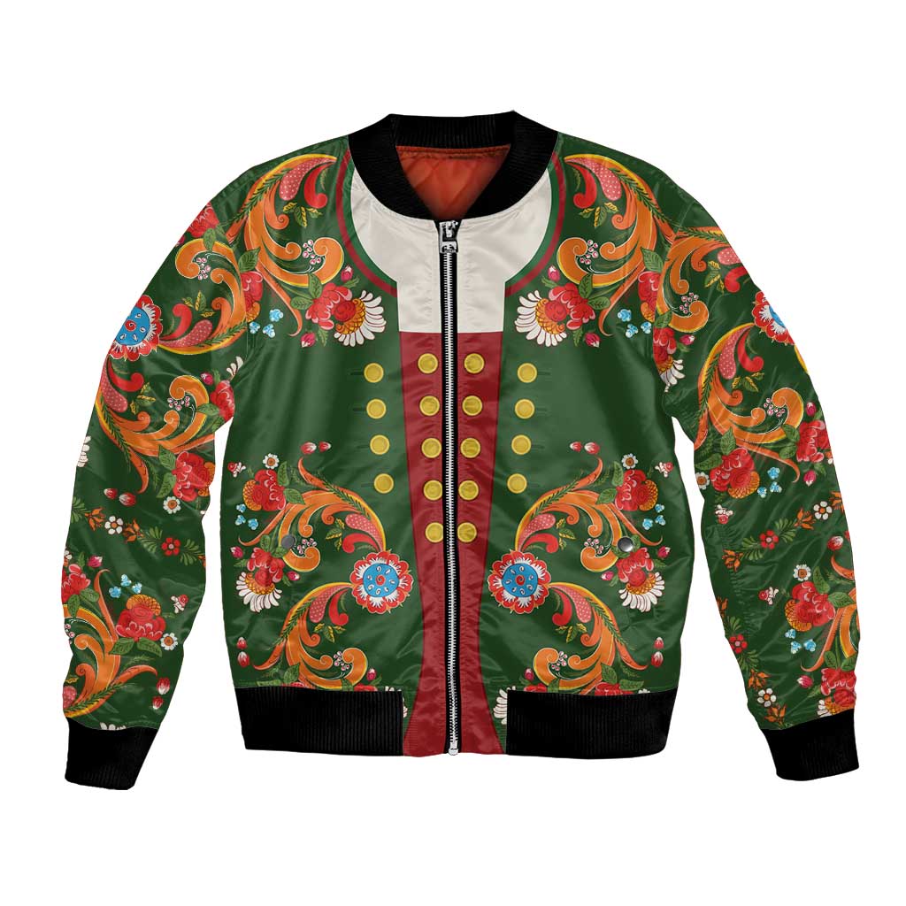 Norwegian Male Bunad Bomber Jacket with Rosemaling Folk Art Green Color - Wonder Print Shop