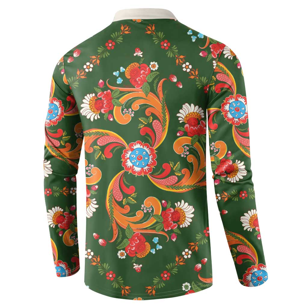Norwegian Male Bunad Button Sweatshirt with Rosemaling Folk Art Green Color - Wonder Print Shop