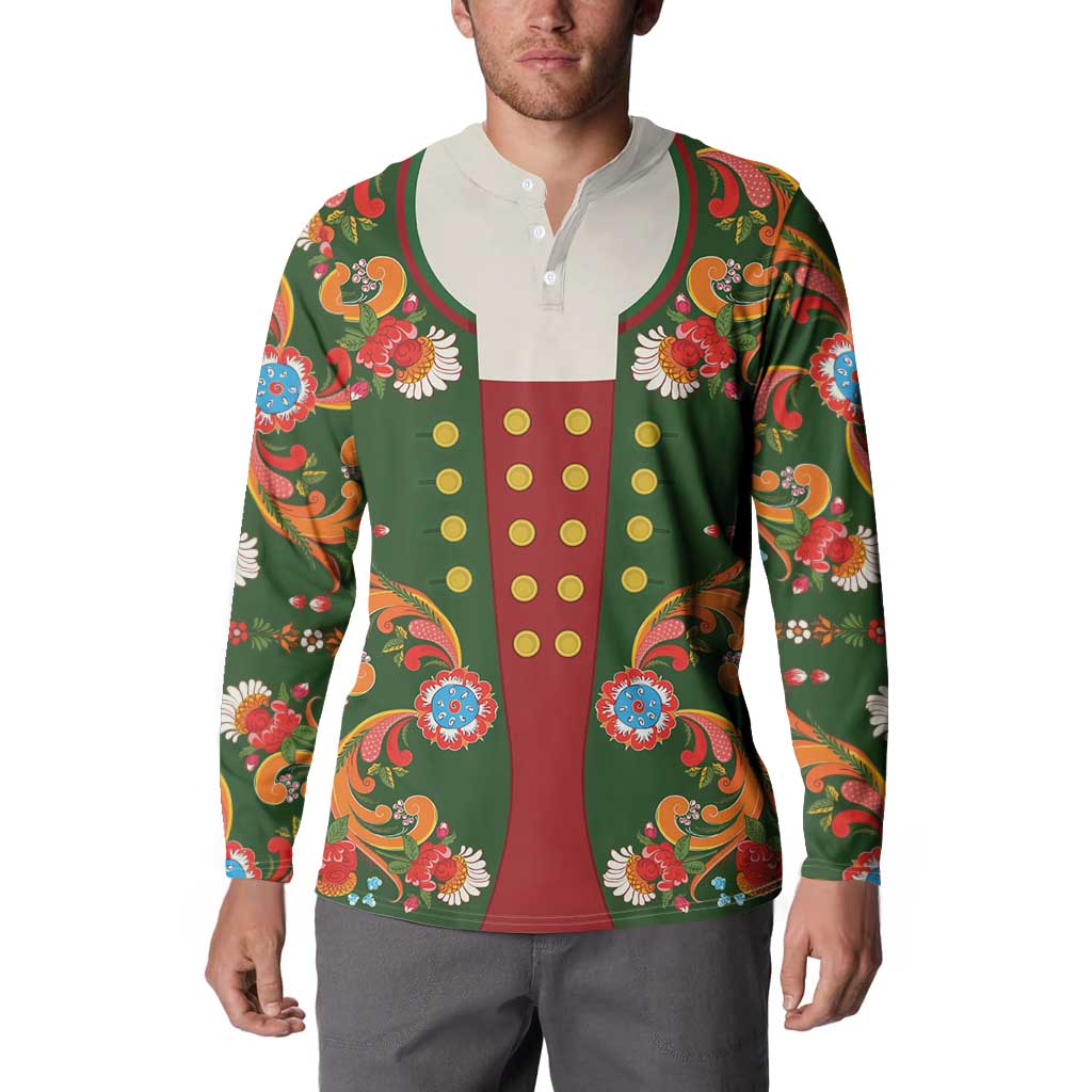 Norwegian Male Bunad Button Sweatshirt with Rosemaling Folk Art Green Color - Wonder Print Shop