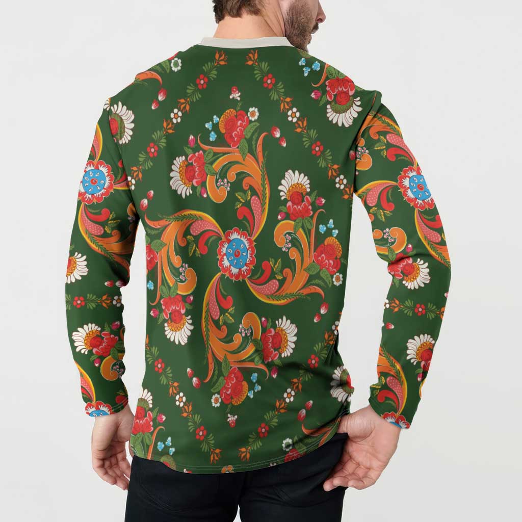 Norwegian Male Bunad Button Sweatshirt with Rosemaling Folk Art Green Color - Wonder Print Shop