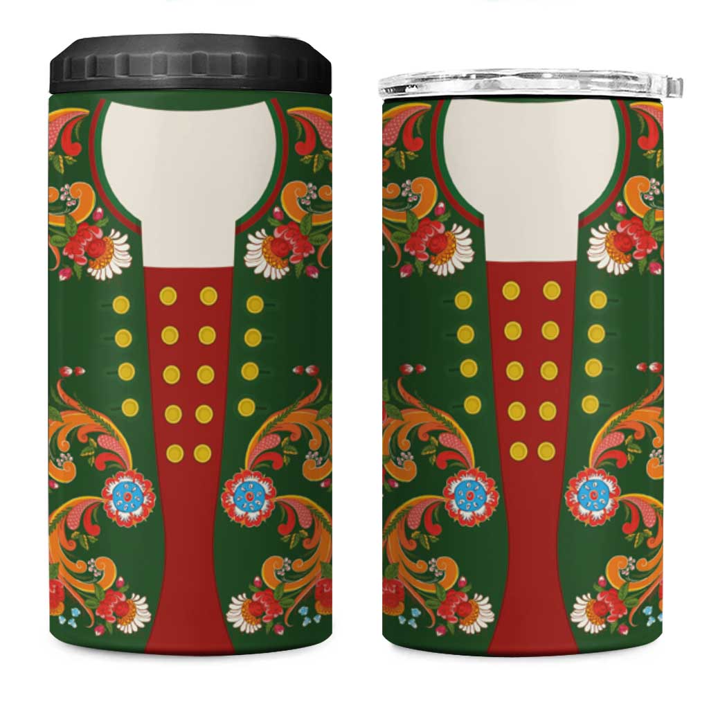Norwegian Male Bunad 4 in 1 Can Cooler Tumbler with Rosemaling Folk Art Green Color - Wonder Print Shop