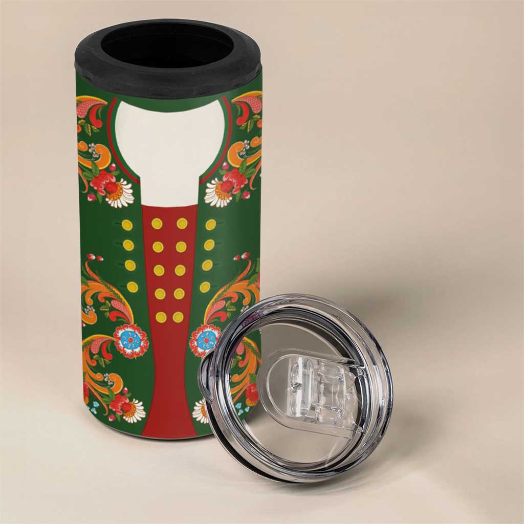 Norwegian Male Bunad 4 in 1 Can Cooler Tumbler with Rosemaling Folk Art Green Color - Wonder Print Shop