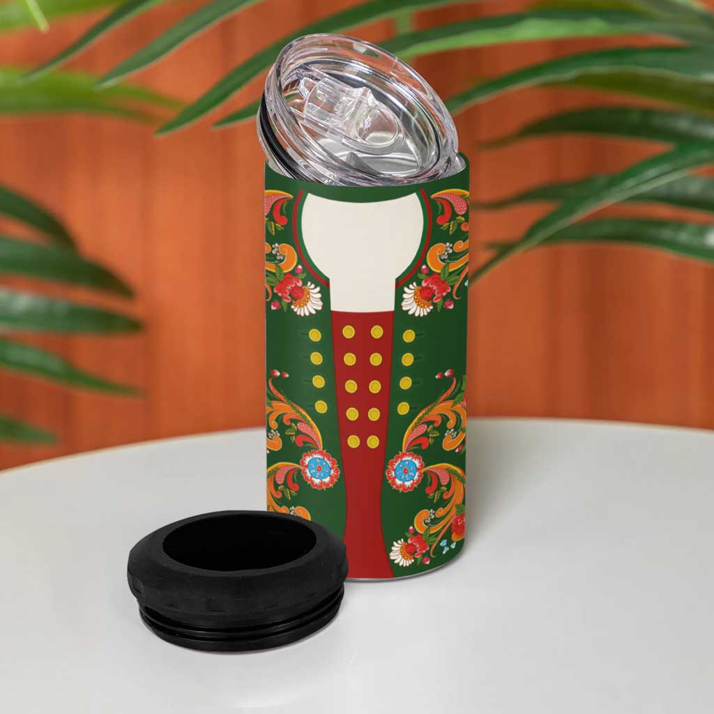 Norwegian Male Bunad 4 in 1 Can Cooler Tumbler with Rosemaling Folk Art Green Color - Wonder Print Shop