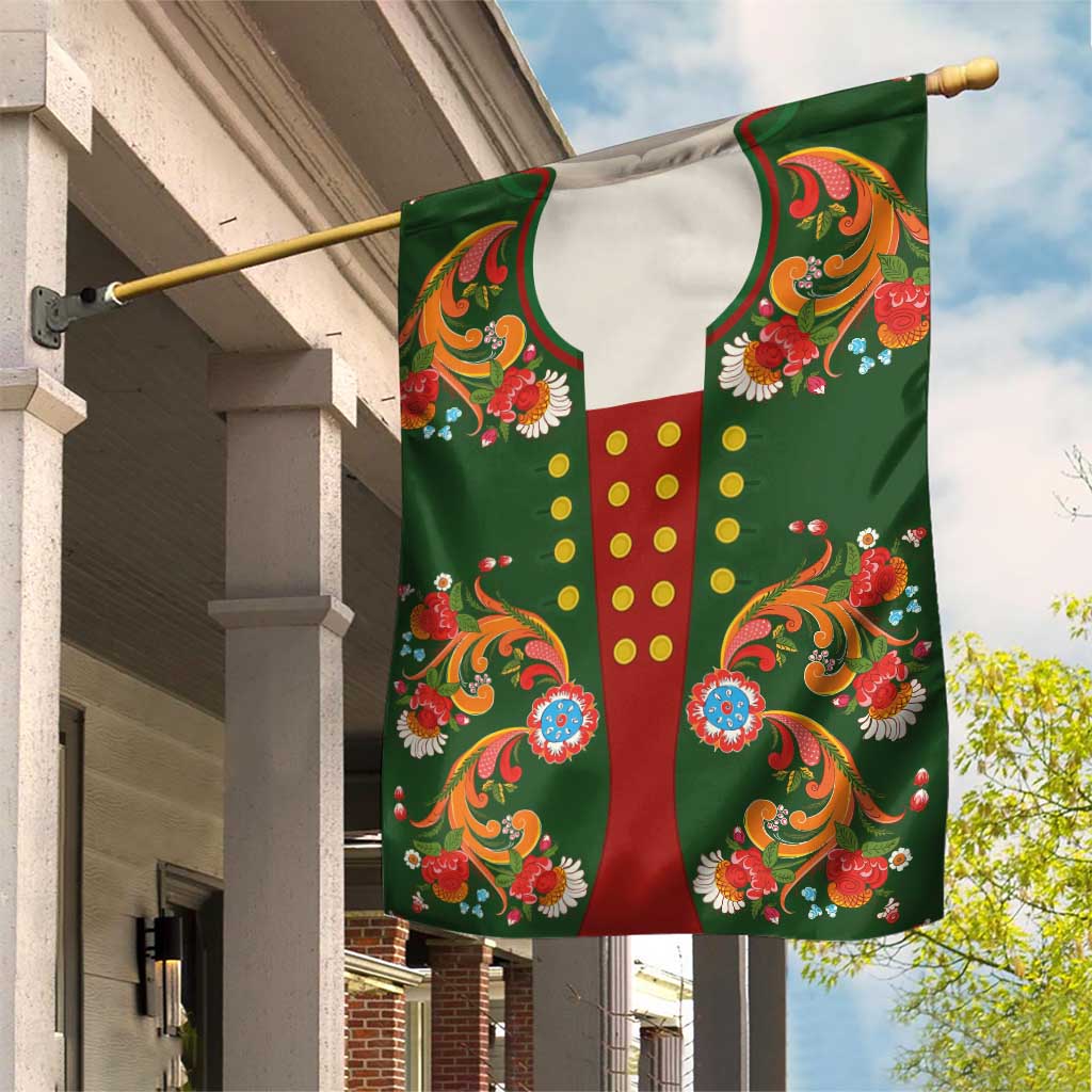 Norwegian Male Bunad Garden Flag with Rosemaling Folk Art Green Color - Wonder Print Shop