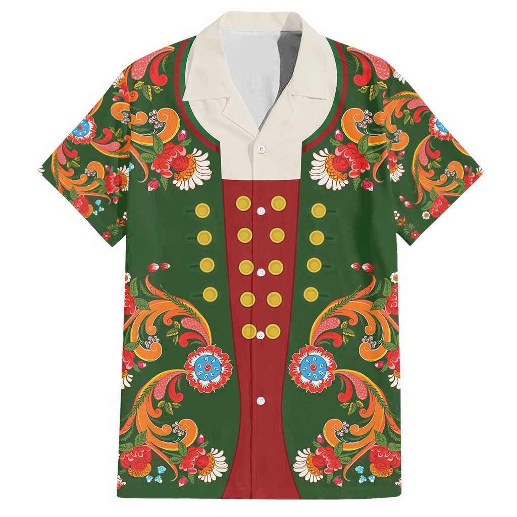 Norwegian Male Bunad Hawaiian Shirt with Rosemaling Folk Art Green Color - Wonder Print Shop