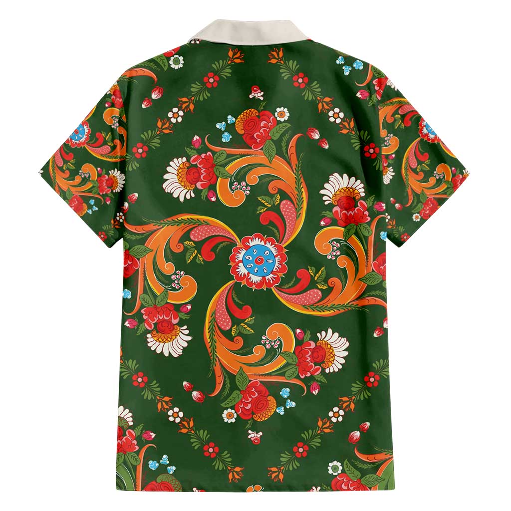 Norwegian Male Bunad Hawaiian Shirt with Rosemaling Folk Art Green Color - Wonder Print Shop