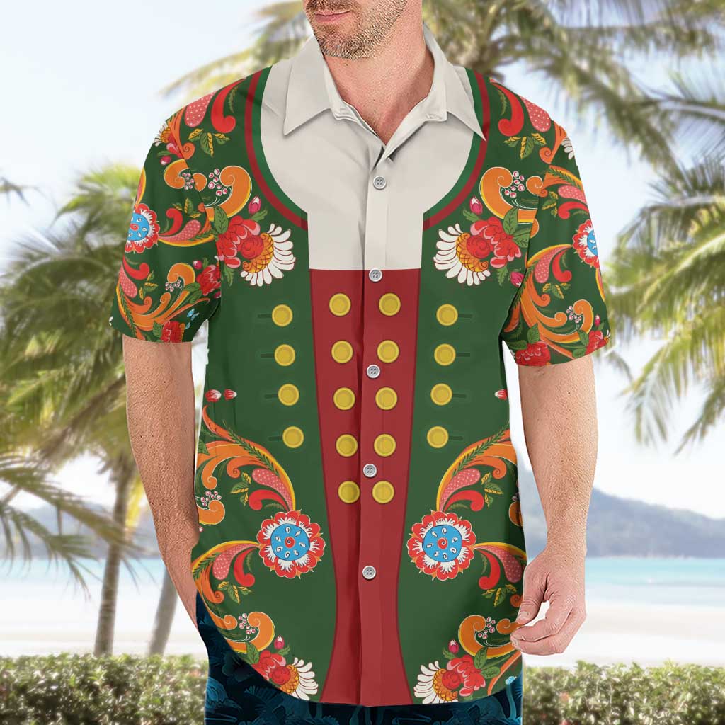 Norwegian Male Bunad Hawaiian Shirt with Rosemaling Folk Art Green Color - Wonder Print Shop