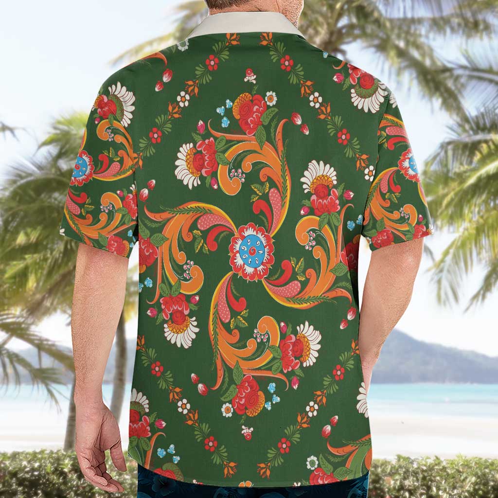Norwegian Male Bunad Hawaiian Shirt with Rosemaling Folk Art Green Color - Wonder Print Shop