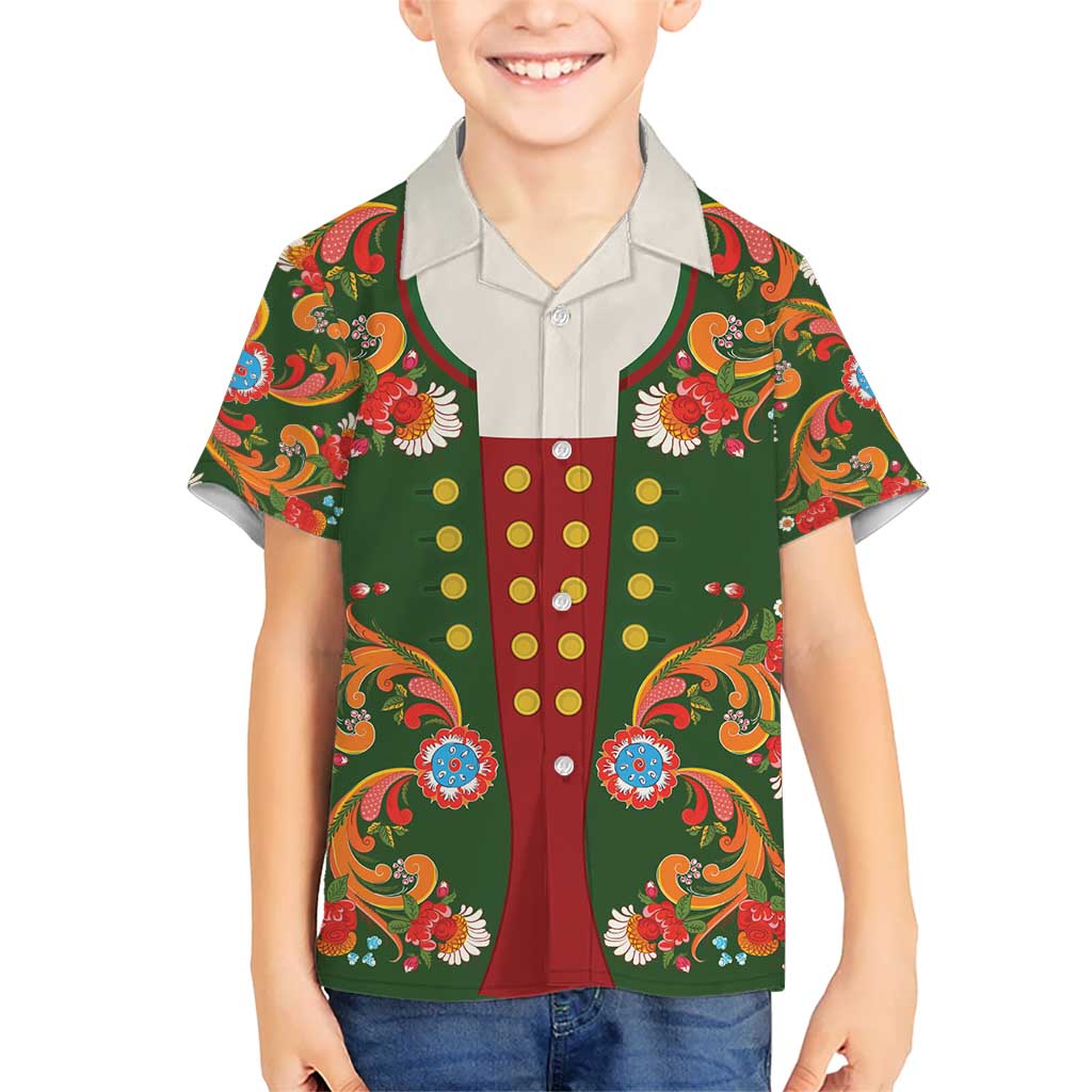 Norwegian Male Bunad Hawaiian Shirt with Rosemaling Folk Art Green Color - Wonder Print Shop