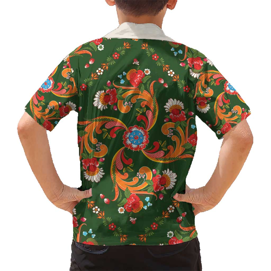 Norwegian Male Bunad Hawaiian Shirt with Rosemaling Folk Art Green Color - Wonder Print Shop