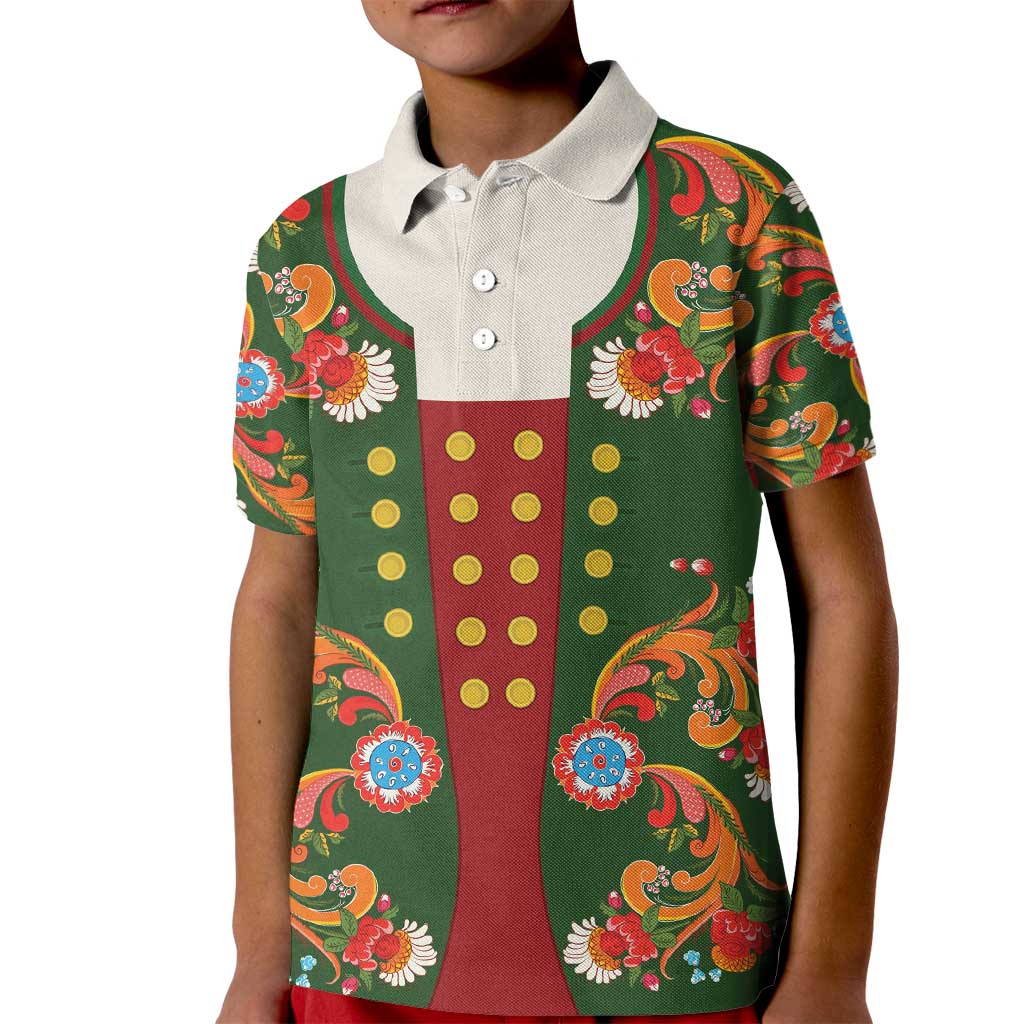Norwegian Male Bunad Kid Polo Shirt with Rosemaling Folk Art Green Color - Wonder Print Shop