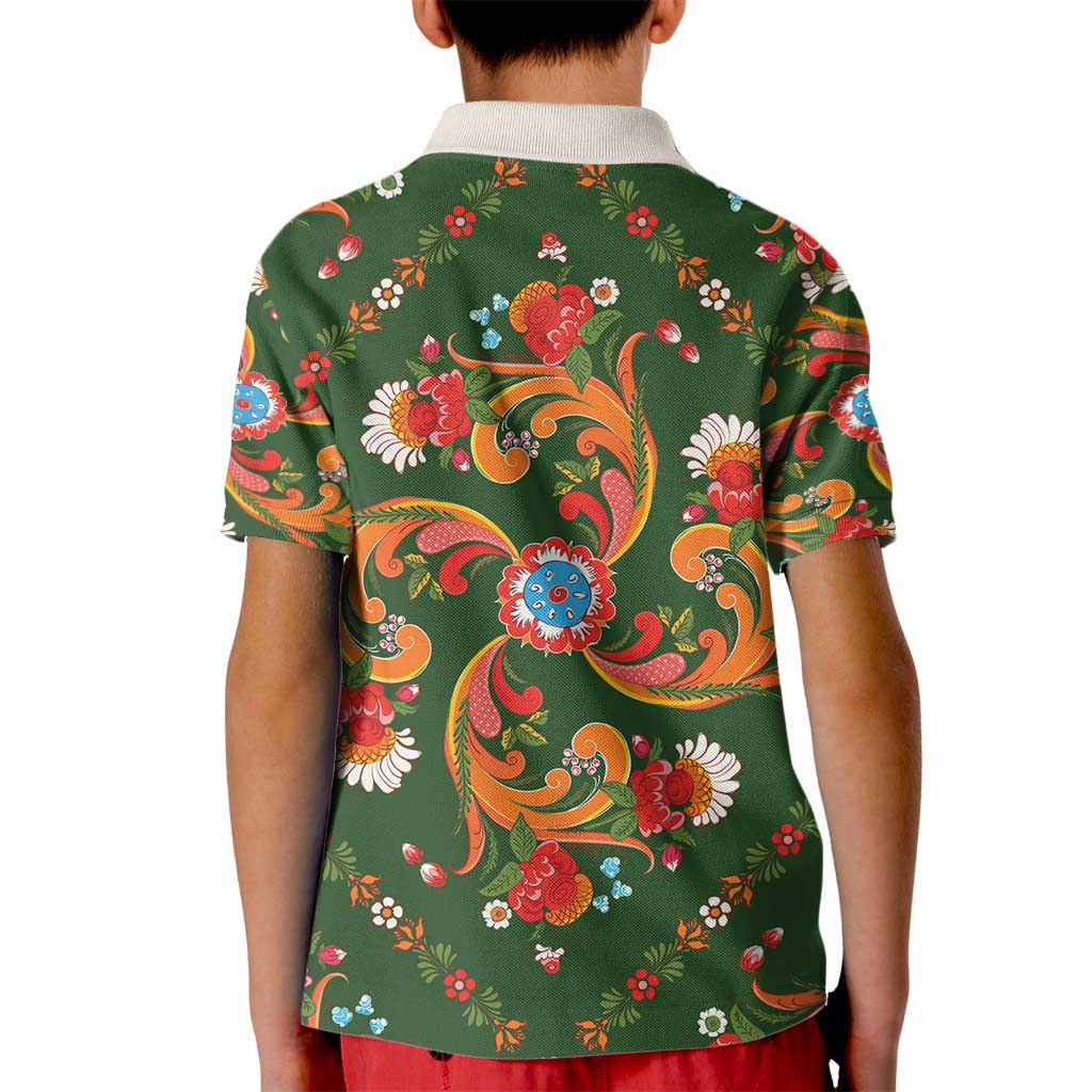 Norwegian Male Bunad Kid Polo Shirt with Rosemaling Folk Art Green Color - Wonder Print Shop