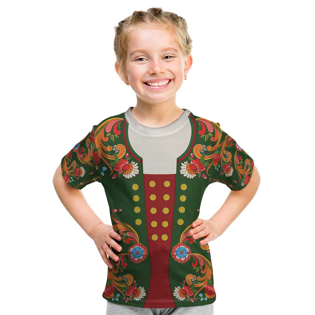 Norwegian Male Bunad Kid T Shirt with Rosemaling Folk Art Green Color - Wonder Print Shop