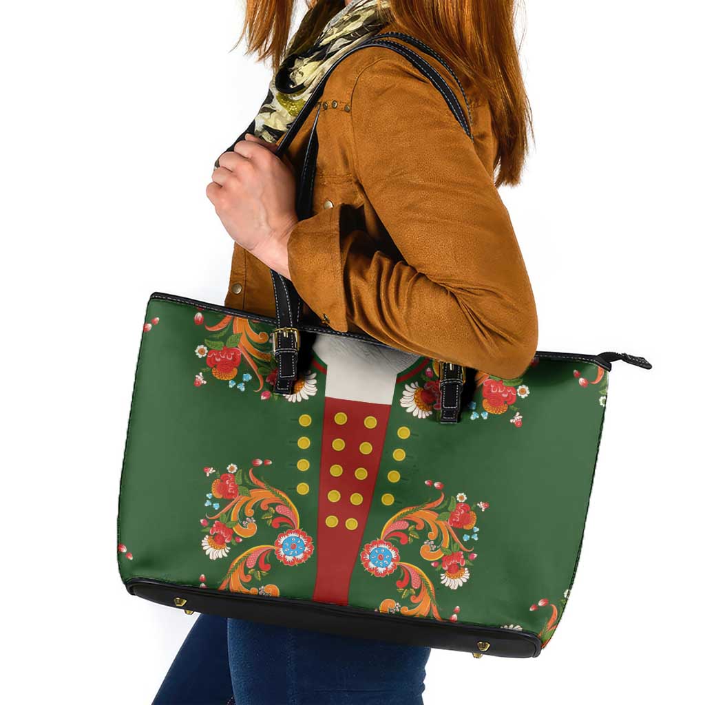 Norwegian Male Bunad Leather Tote Bag with Rosemaling Folk Art Green Color - Wonder Print Shop