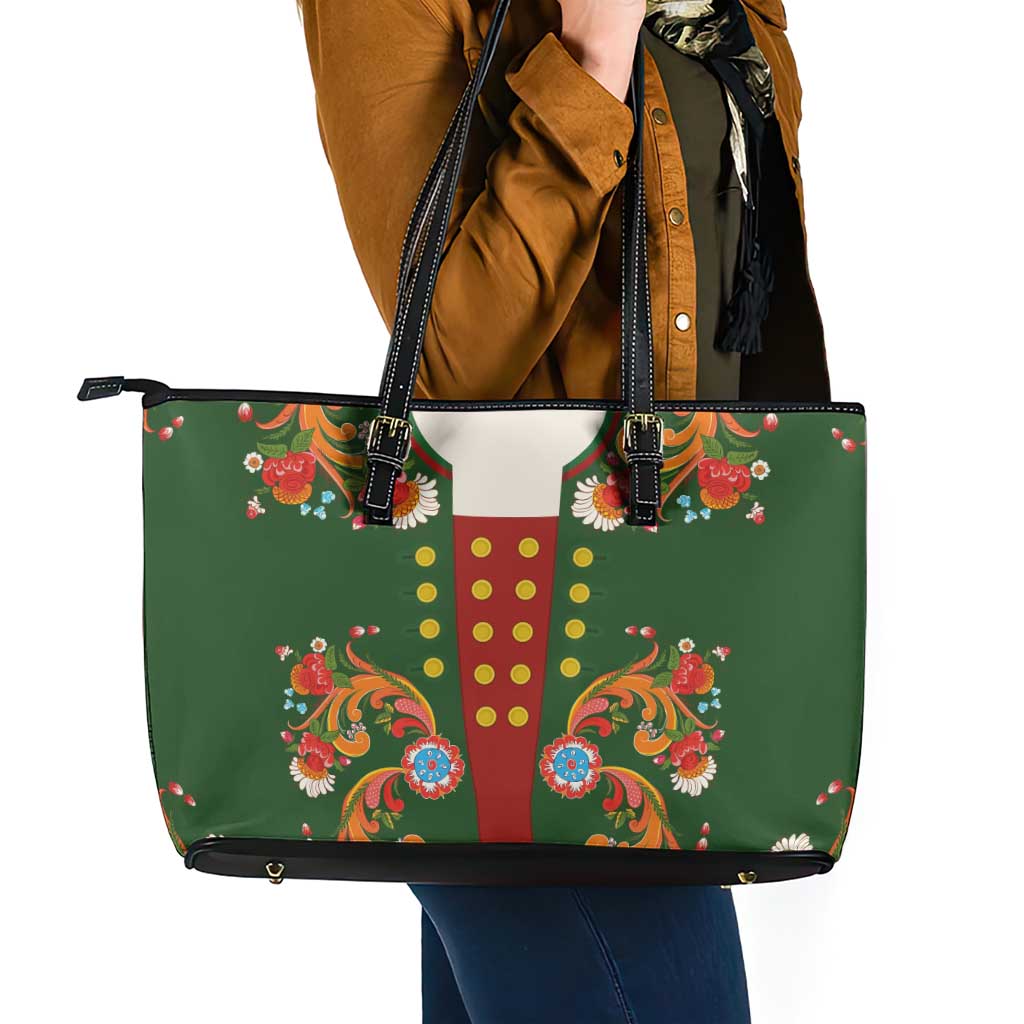 Norwegian Male Bunad Leather Tote Bag with Rosemaling Folk Art Green Color - Wonder Print Shop