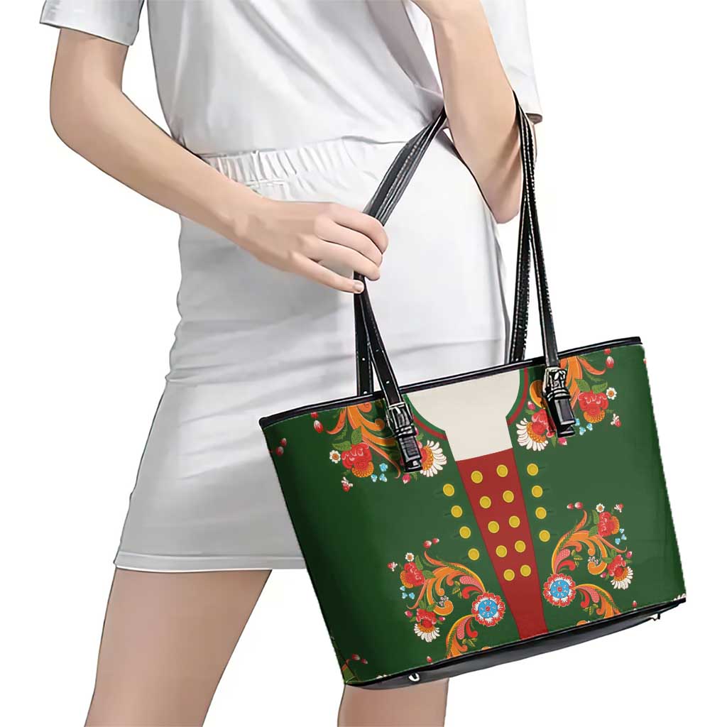 Norwegian Male Bunad Leather Tote Bag with Rosemaling Folk Art Green Color - Wonder Print Shop