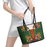 Norwegian Male Bunad Leather Tote Bag with Rosemaling Folk Art Green Color - Wonder Print Shop