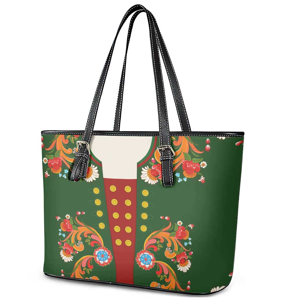 Norwegian Male Bunad Leather Tote Bag with Rosemaling Folk Art Green Color - Wonder Print Shop