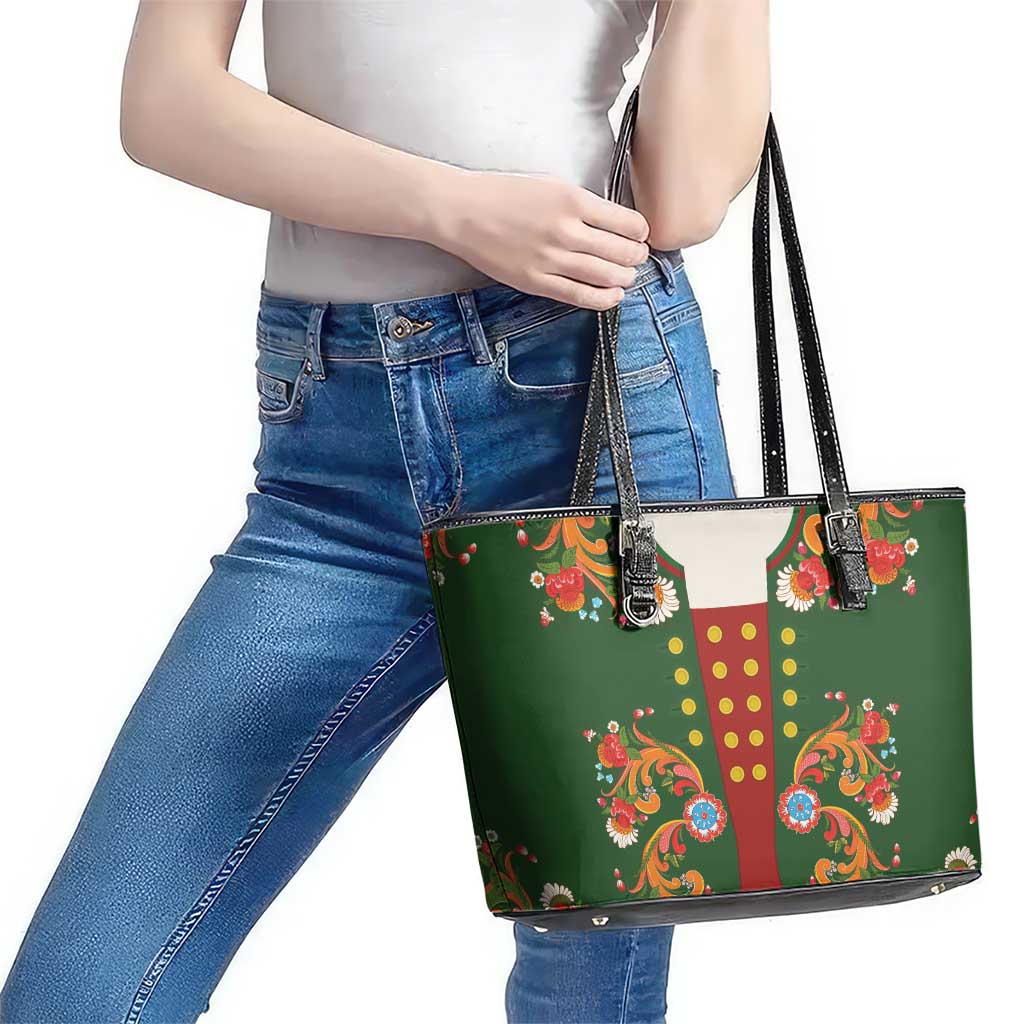 Norwegian Male Bunad Leather Tote Bag with Rosemaling Folk Art Green Color - Wonder Print Shop