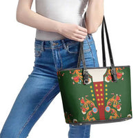 Norwegian Male Bunad Leather Tote Bag with Rosemaling Folk Art Green Color - Wonder Print Shop