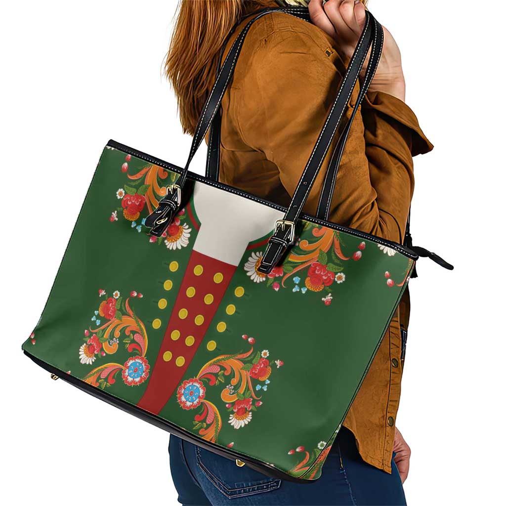 Norwegian Male Bunad Leather Tote Bag with Rosemaling Folk Art Green Color - Wonder Print Shop