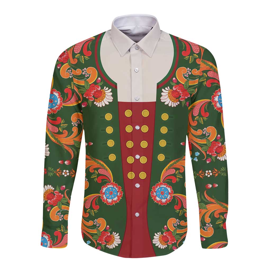 Norwegian Male Bunad Long Sleeve Button Shirt with Rosemaling Folk Art Green Color - Wonder Print Shop