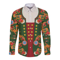 Norwegian Male Bunad Long Sleeve Button Shirt with Rosemaling Folk Art Green Color - Wonder Print Shop